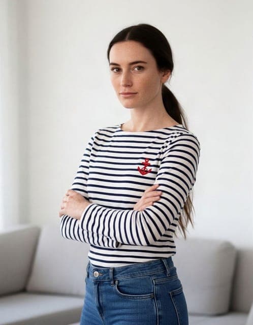Nano Banana 2: Breton stripes and red anchor copied, stripes continuing around the crossed arms, in all 3 runs