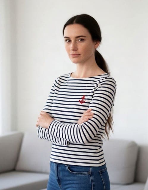 OutfitGen Engine: Breton stripes and red anchor copied, stripes continuing around the crossed arms, in all 3 runs