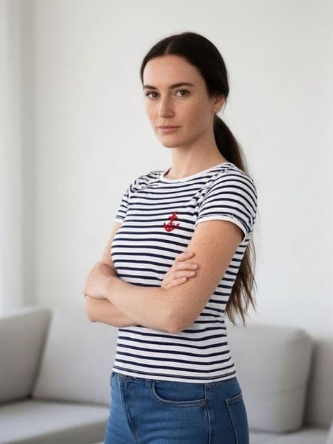 Qwen Image 3: a short-sleeved crew-neck striped tee instead of the long-sleeved boat neck