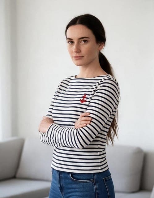 Seedream 5 Pro: Breton stripes and red anchor copied, stripes continuing around the crossed arms, in all 3 runs