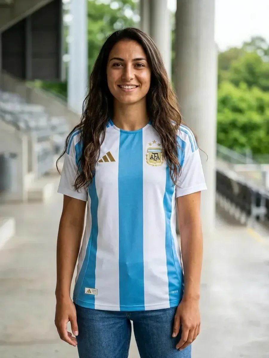 Woman wearing a real Argentina soccer jersey, generated with AI