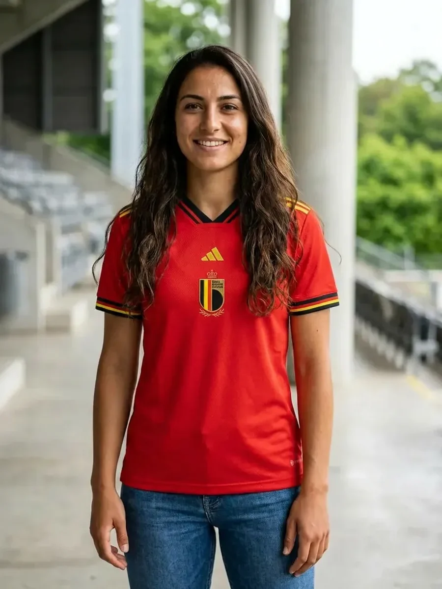 Woman wearing a real Belgium soccer jersey, generated with AI