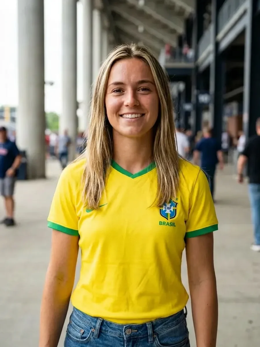 Woman wearing a real Brazil soccer jersey, generated with AI
