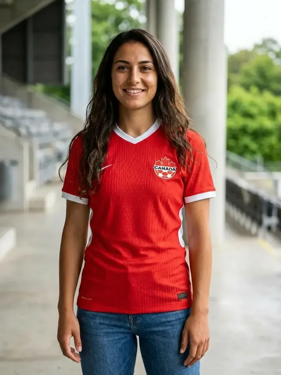Woman wearing a real Canada soccer jersey, generated with AI