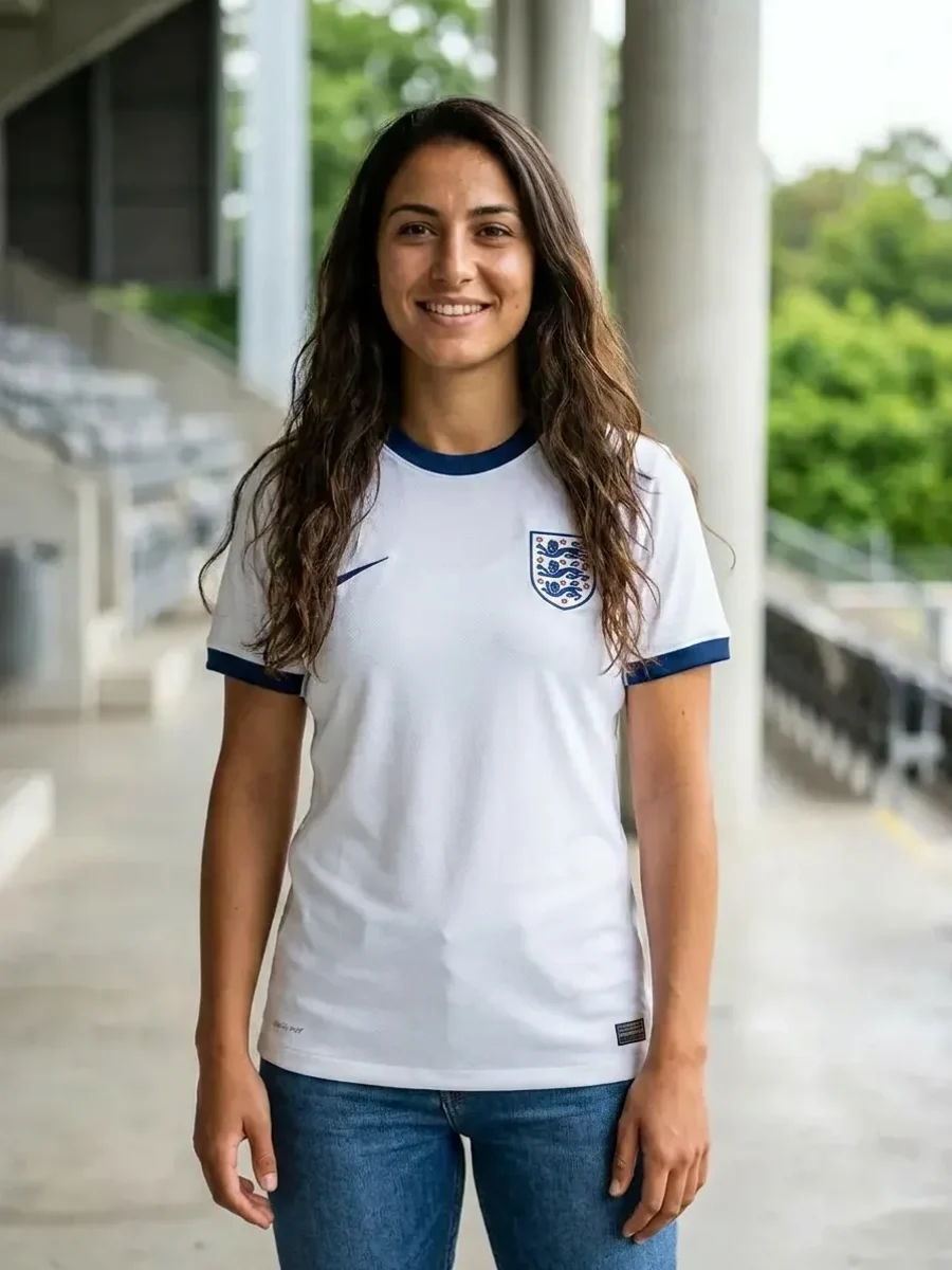 Woman wearing a real England soccer jersey, generated with AI