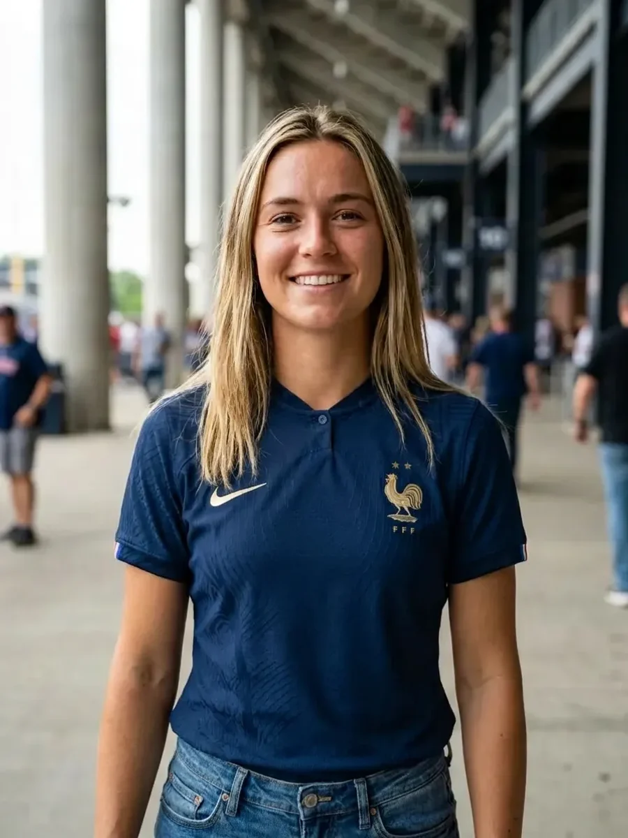 Woman wearing a real France soccer jersey, generated with AI