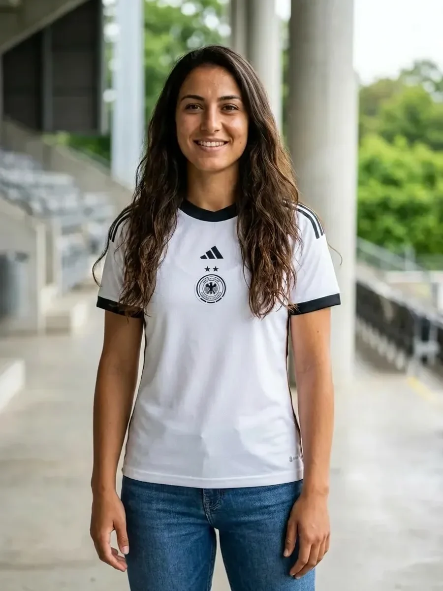 Woman wearing a real Germany soccer jersey, generated with AI