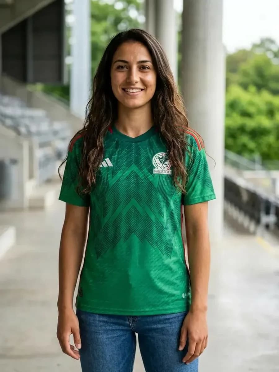 Woman wearing a real Mexico soccer jersey, generated with AI