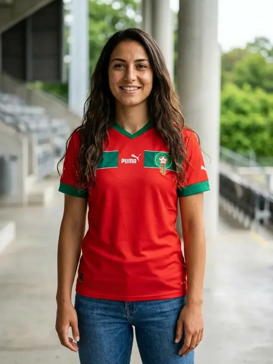 Woman wearing a real Morocco soccer jersey, generated with AI