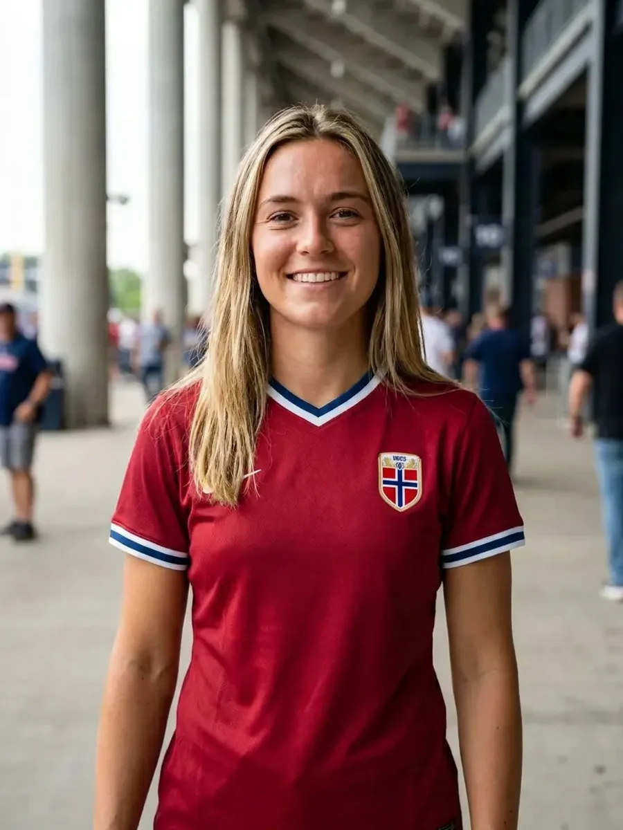 Woman wearing a real Norway soccer jersey, generated with AI