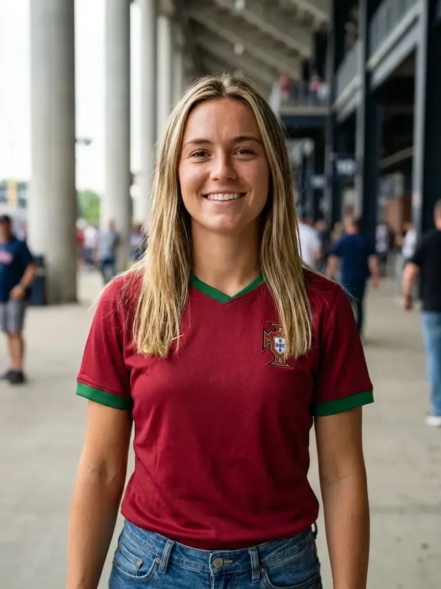 Woman wearing a real Portugal soccer jersey, generated with AI