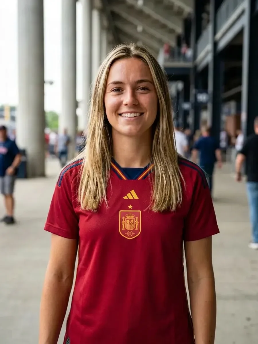 Woman wearing a real Spain soccer jersey, generated with AI