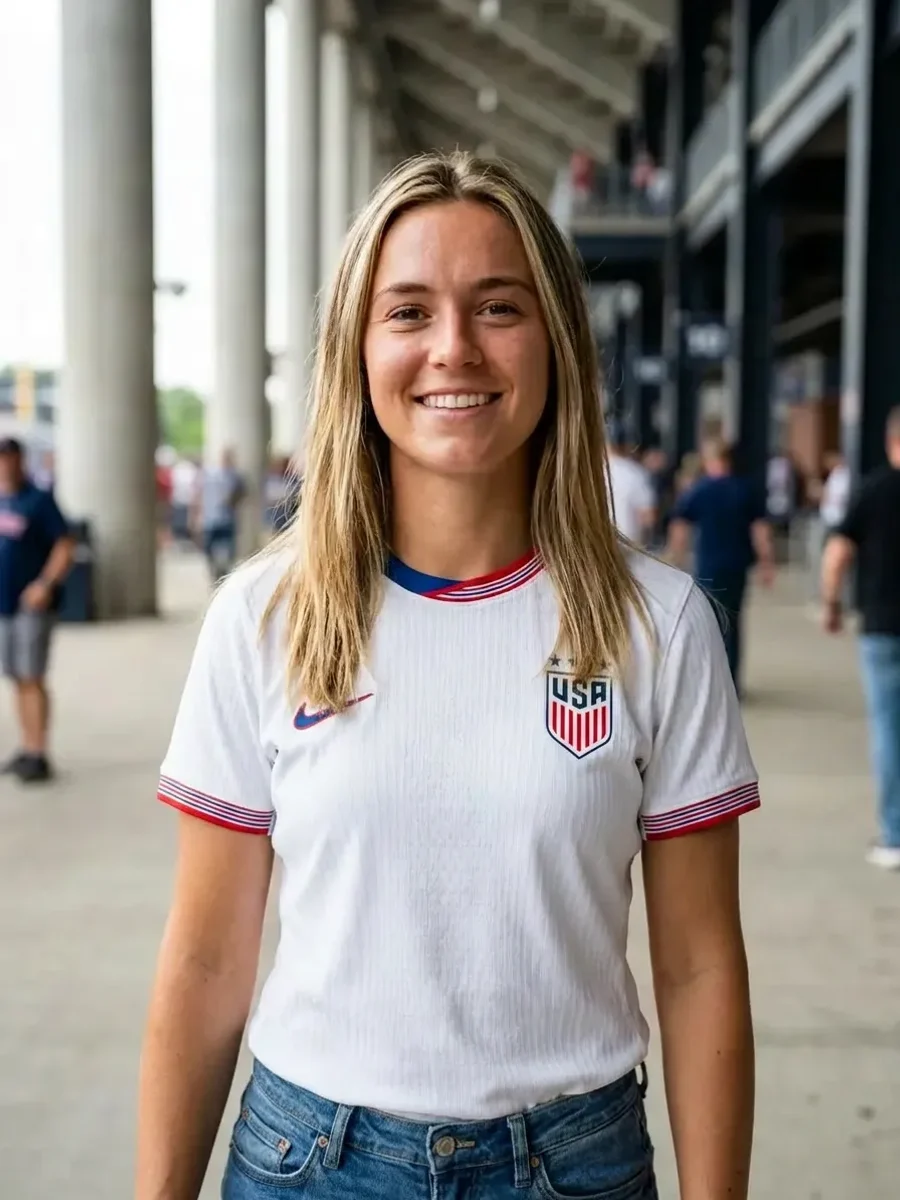 Woman wearing a real USA soccer jersey, generated with AI